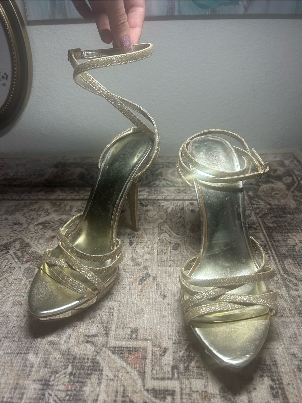 GUESS Gold Strappy Stiletto Heels